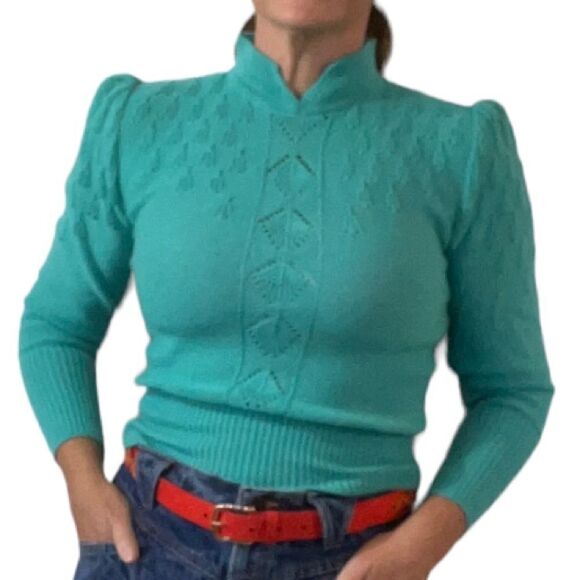20ANS by MARIEA KIM Women’s Vintage 80s High Neck Long Sleeve Sweater Teal Small - Picture 1 of 16